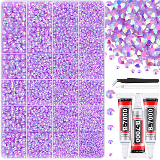30000Pcs Resin Lavender Purple AB Rhinestones for Bedazzling Crafting with b7000 Jewelry Glue, Bulk Flatback Gems Bedazzler Kit for Crafts Clothes Fabric Nail Diamond Art, Assorted Size 2/3/4/5/6mm-Velvo Beauty