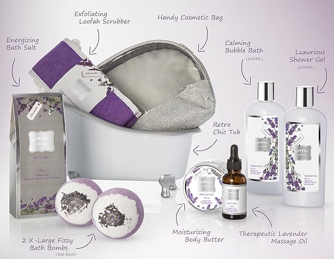 Bath Gift Basket Set for Women: Relaxing at Home Spa Kit Scented - Lavender and Jasmine with Large Bath Bombs, Salts, Shower Gel, Body Butter Lotion, Bath Oil, Bubble Bath, Loofah & More-Velvo Beauty
