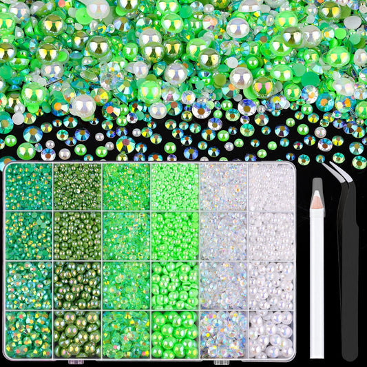 9000PCS Flatback Pearls and Rhinestones for Crafting, Green Mixed Size 3-10mm Resin Rhinestones and Half Pearls for Bedazzling, Nail Art and Decoration with Tweezer and Pickup Pencil-Velvo Beauty