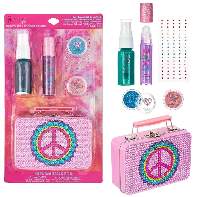 Expressions 6pc Peace & Rhinestones Beauty Set w/Tin Box Storage Case - Body Spray, Body Glitter, Mini Body Gems, and Lip Gloss Set,Washable + Non Toxic-Velvo Beauty