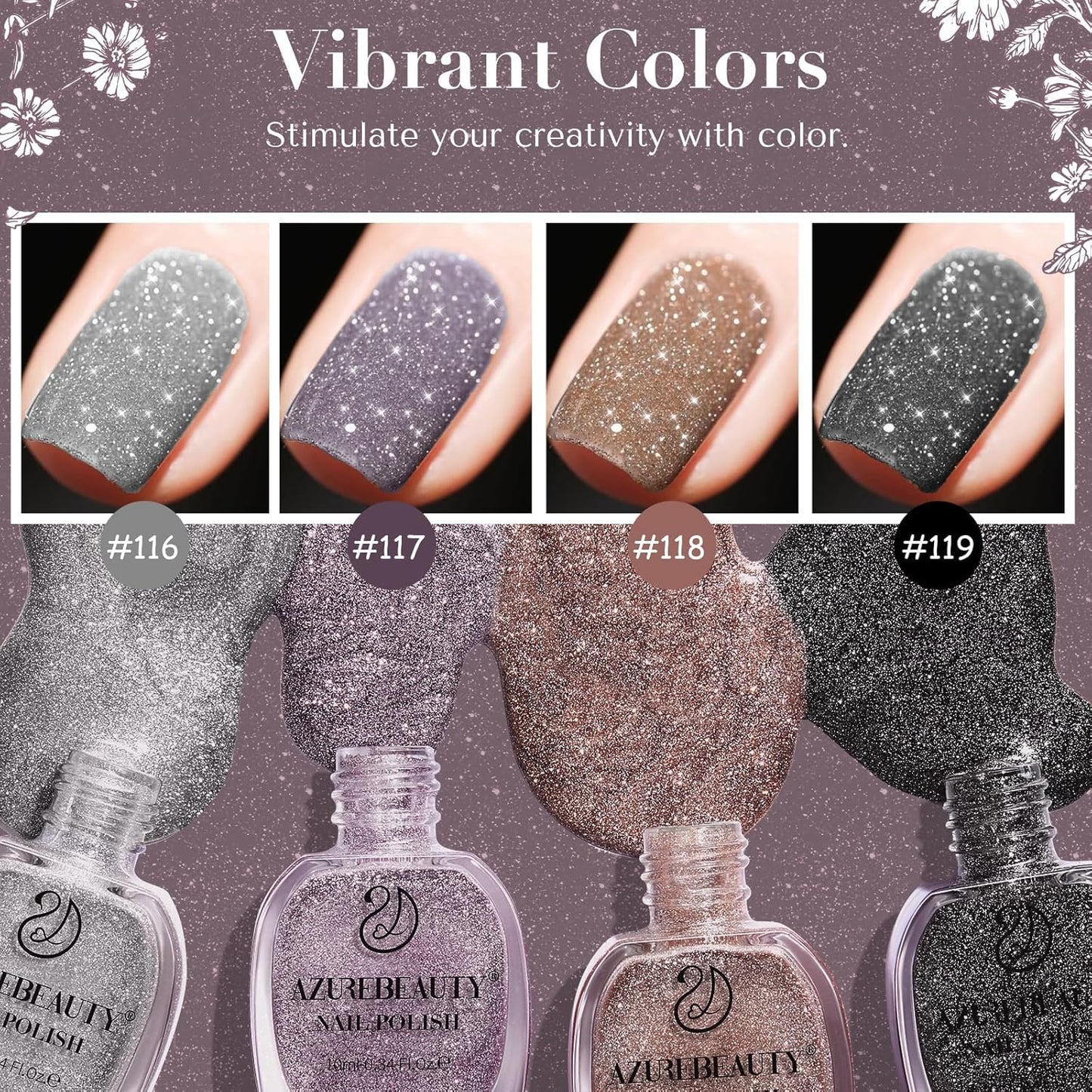 AZUREBEAUTY Matte Glitter Nail Polish Set 4 Colors Diamond Platinum Silver Purple Black Nude Nail Polish Quick Dry Natural Nail Kit with Top Coat DIY Salon Home-Velvo Beauty