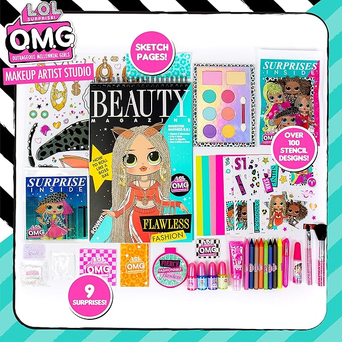 Horizon Group USA LOL OMG Make Up Artist Studio, DIY Craft Kit, Design with Brushes, Crayons & Stickers.Use Stencils to Color in Make-Up.Nail Polish, Decals & Surprise Blind Bags Included-Velvo Beauty