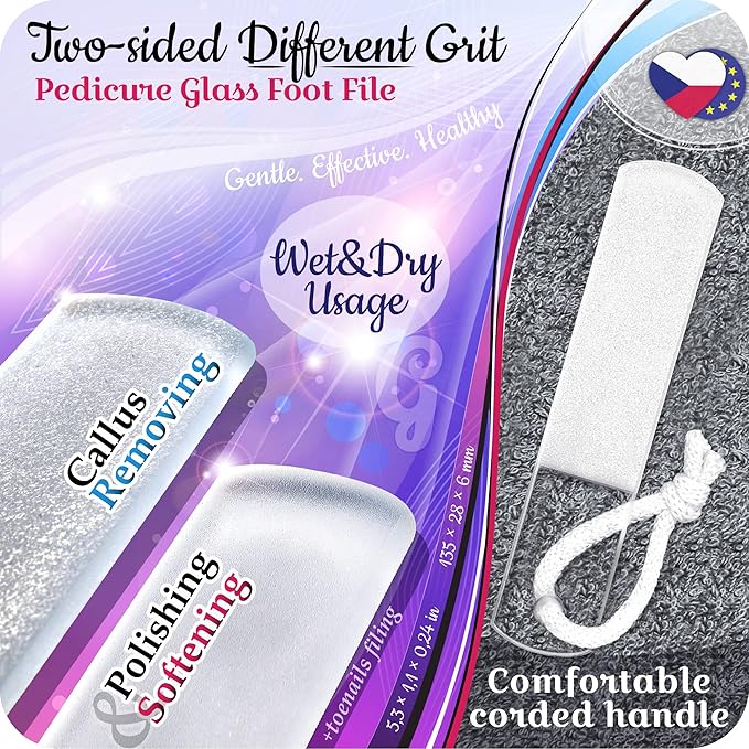 Genuine Czech Glass Foot File by GLADZY - Gentle Callus Remover Foot Rasp, Pedicure & Spa Rough Skin Scrubber, Two-Sided Etched Different Grit Surface, Professional Toenail & Heels Care, Made in EU-Velvo Beauty
