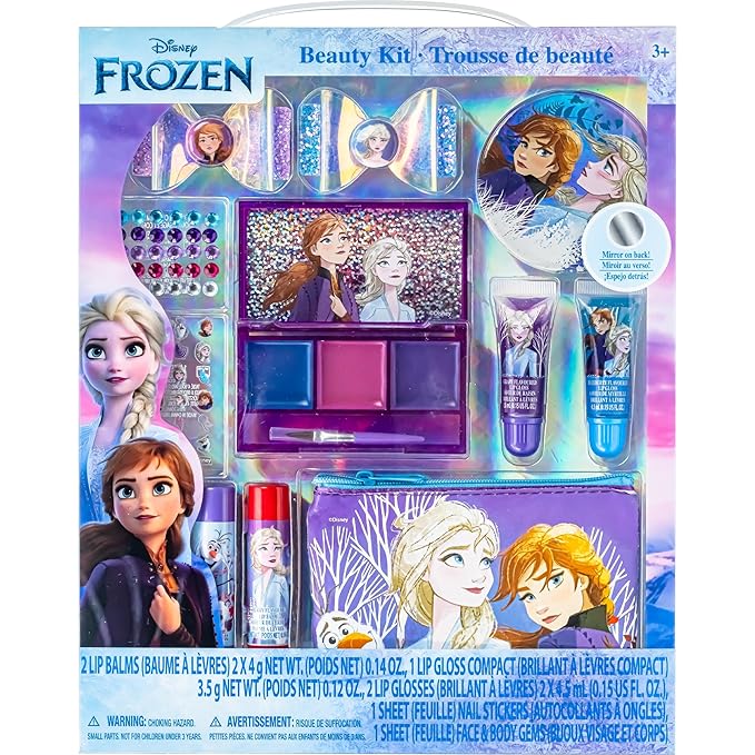 Disney Frozen - Townley Girl Super Sparkly Cosmetic Beauty Makeup Set For Girls with Clips, Lip Gloss, Nail Stickers, Lip Balm, Nail Gems and Mirror For Parties, Sleepovers & Makeovers-Velvo Beauty