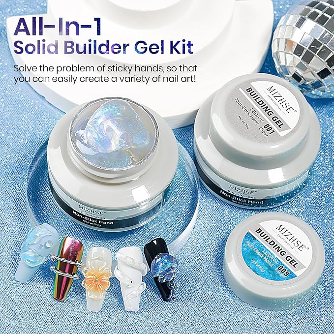 MIZHSE 2PCS Solid Builder Gel for Nails Kit: 30g/1oz Clear & Aurora Hard Gel for Nail with Nail Forms 3D Mold Soak off U V Builder Extension Gels for Women-Velvo Beauty