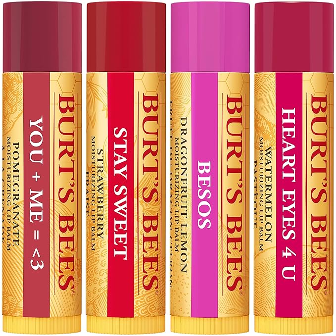 Burt's Bees Bee Mine Lip Balm Gift Set, Strawberry, Dragonfruit Lemon, Pomegranate and Watermelon, 4 Personalized Lip Balms, Pack May Vary-Velvo Beauty