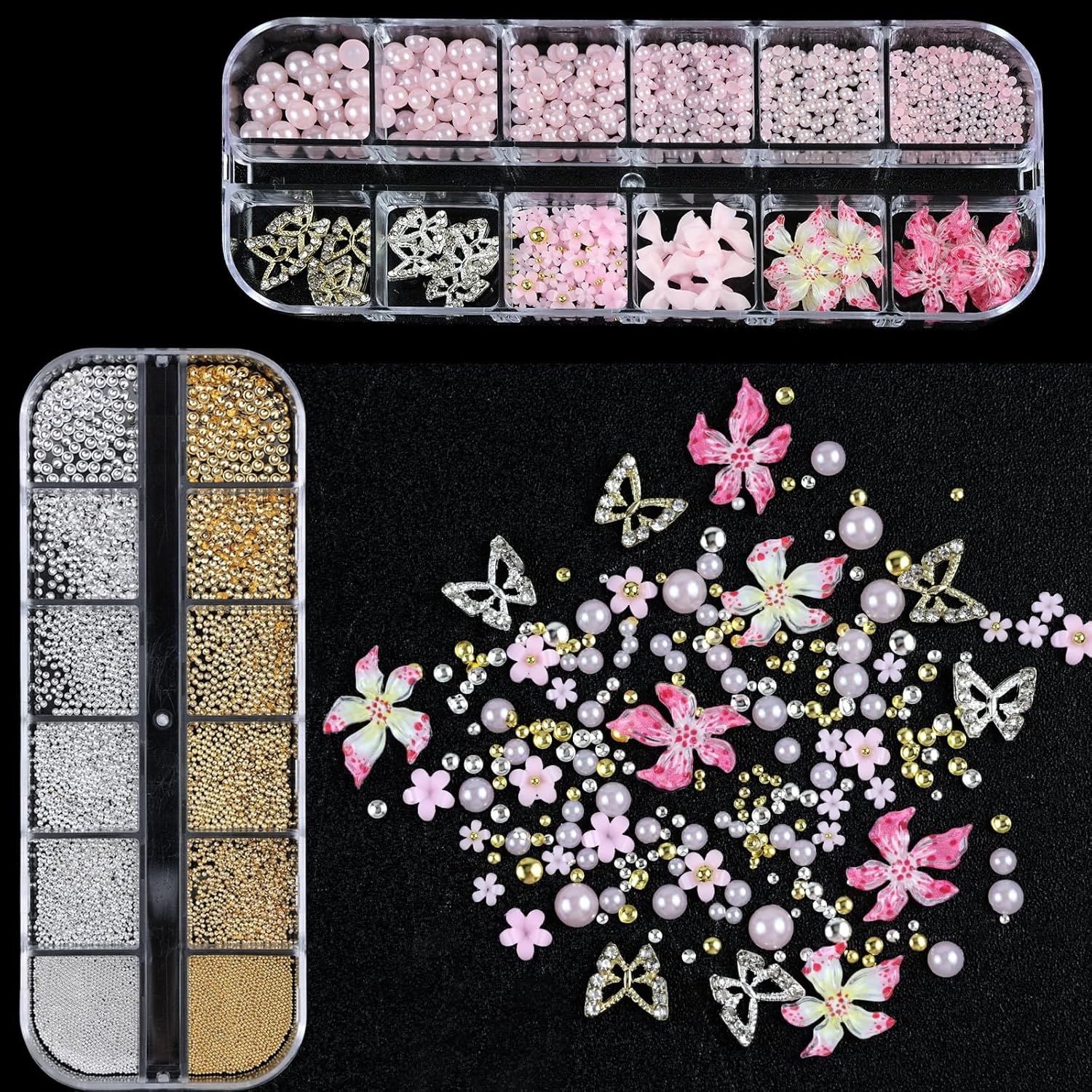 Nail Art Charms with Rhinestones Glue Gel Pink Flatback Pearls Flower Bow Nail Gems Supplies Accessories Gold Silver Nails Decoration Pearls for Women Nails Design-Velvo Beauty