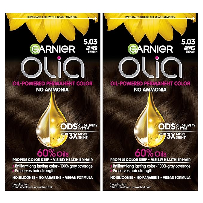 Garnier Hair Color Olia Ammonia-Free Brilliant Color Oil-Rich Permanent Hair Dye, 5.03 Medium Neutral Brown, 2 Count (Packaging May Vary)-Velvo Beauty