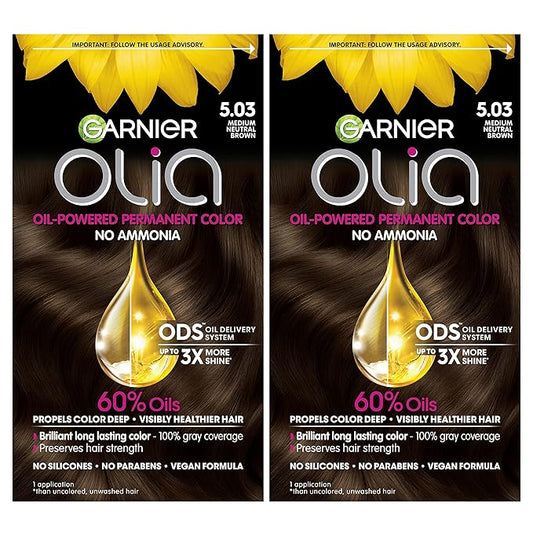 Garnier Hair Color Olia Ammonia-Free Brilliant Color Oil-Rich Permanent Hair Dye, 5.03 Medium Neutral Brown, 2 Count (Packaging May Vary)-Velvo Beauty