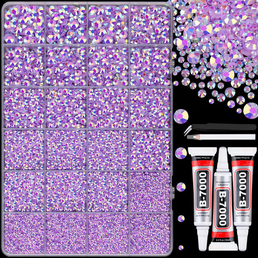25000Pcs Resin Jelly Rhinestones with Tweezers for Crafting, Lavender Purple AB Flatback Gems, Bedazzling Crystal with 3Pcs 10ml B7000 Jewelry Glue for DIY Crafts Clothing Tumblers Shoes Nail Art-Velvo Beauty