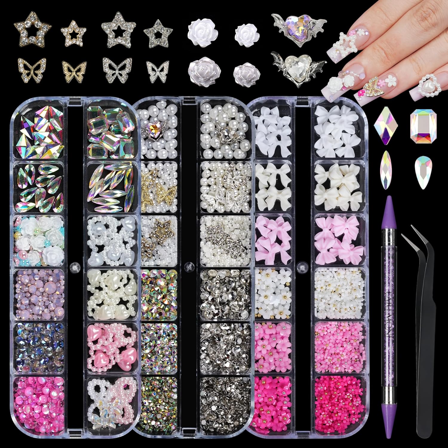 Rhinestones, AB Crystal Nail Gems Pink Opal Nail Rhinestones with Aurora Bubble Beads Pearls Star Heart Bows Nail Charms and Rhinestone Picker Tools for Kwaii Y2K Nail Art Decor - 3 Boxes-Velvo Beauty