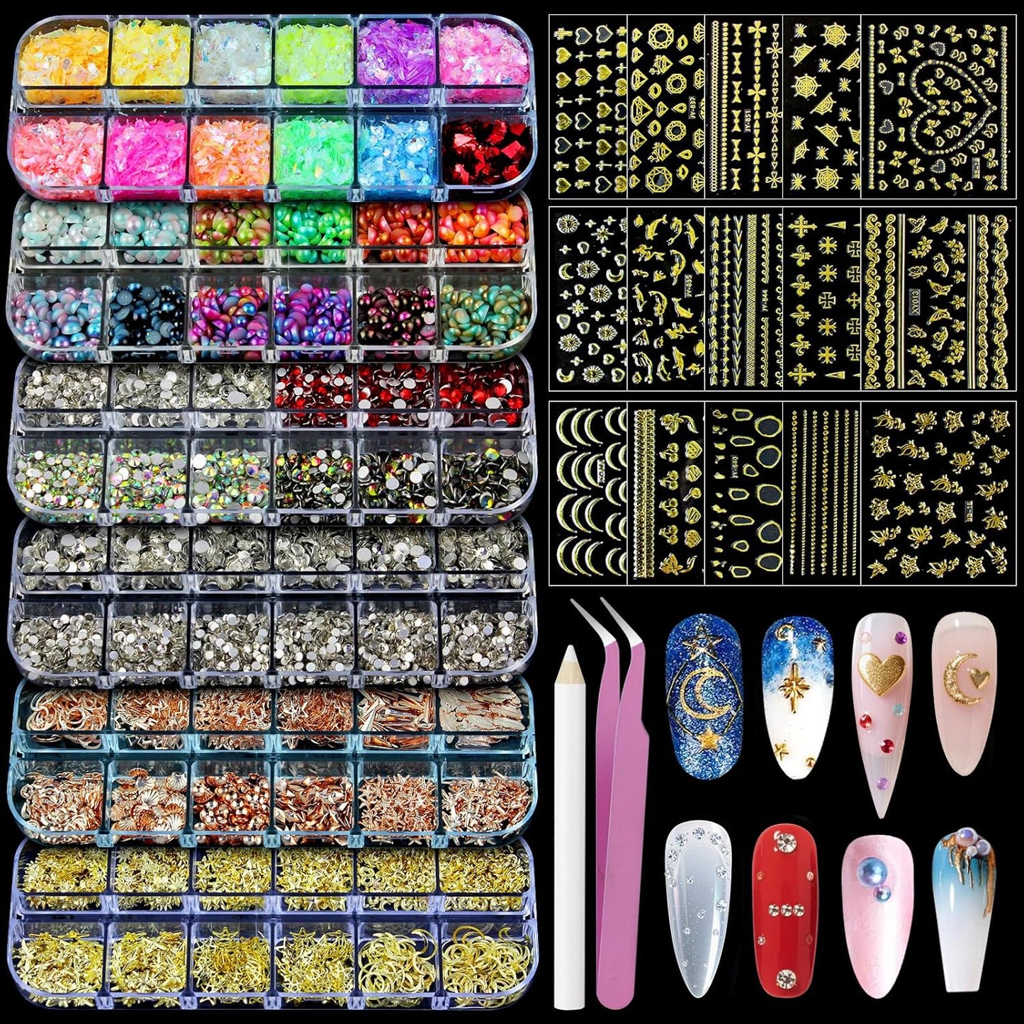Artdone Nail Art Studs Kit, 6 boxes Multicolor And Design 3D Charms With 15 Sheets Gold Nail Stickers, Diamond Cute Nail Jewels For DIY Decoration with Pickup Tools-Velvo Beauty