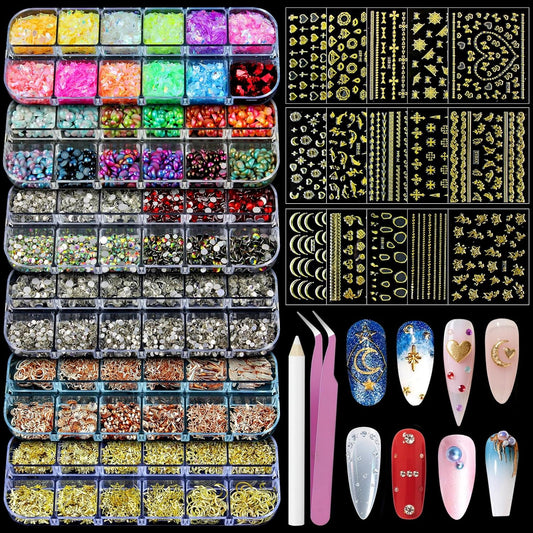 Artdone Nail Art Studs Kit, 6 boxes Multicolor And Design 3D Charms With 15 Sheets Gold Nail Stickers, Diamond Cute Nail Jewels For DIY Decoration with Pickup Tools-Velvo Beauty