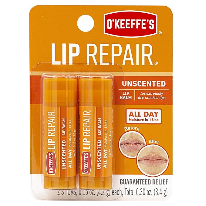 O'Keeffe's Unscented Lip Repair Lip Balm for Dry, Cracked Lips, Stick, Twin Pack-Velvo Beauty