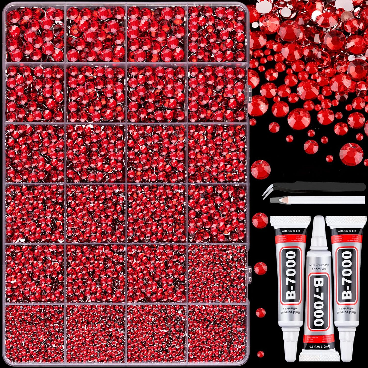 30000Pcs Resin Rhinestones with Tweezers for Crafting, Red Flatback Gems, Bedazzling Crystal with 3Pcs 10ml B7000 Jewelry Glue for DIY Crafts Clothing Tumblers Shoes Fabric Nail Art-Velvo Beauty