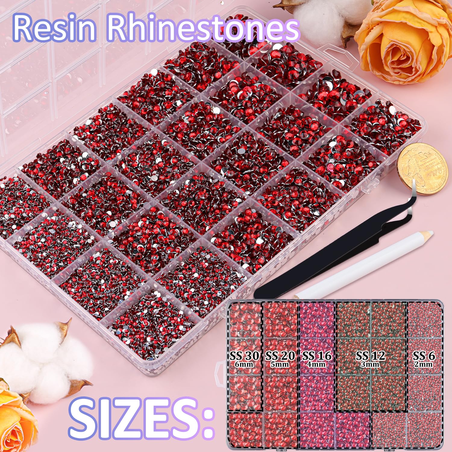 30000Pcs Resin Rhinestones with Tweezers for Crafting, Red Flatback Gems, Bedazzling Crystal with 3Pcs 10ml B7000 Jewelry Glue for DIY Crafts Clothing Tumblers Shoes Fabric Nail Art-Velvo Beauty