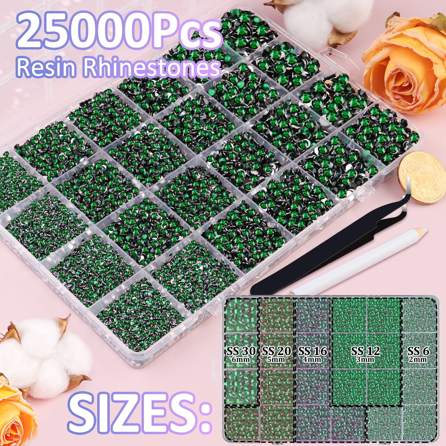 25000Pcs Resin Rhinestones for Crafting, Emerald Green 2-6mm Mixed Sizes Non Hotfix Flatback Gems, Bedazzling Crystal for DIY Crafts Clothing Tumblers Mugs Shoes Fabric Nail Art-Velvo Beauty