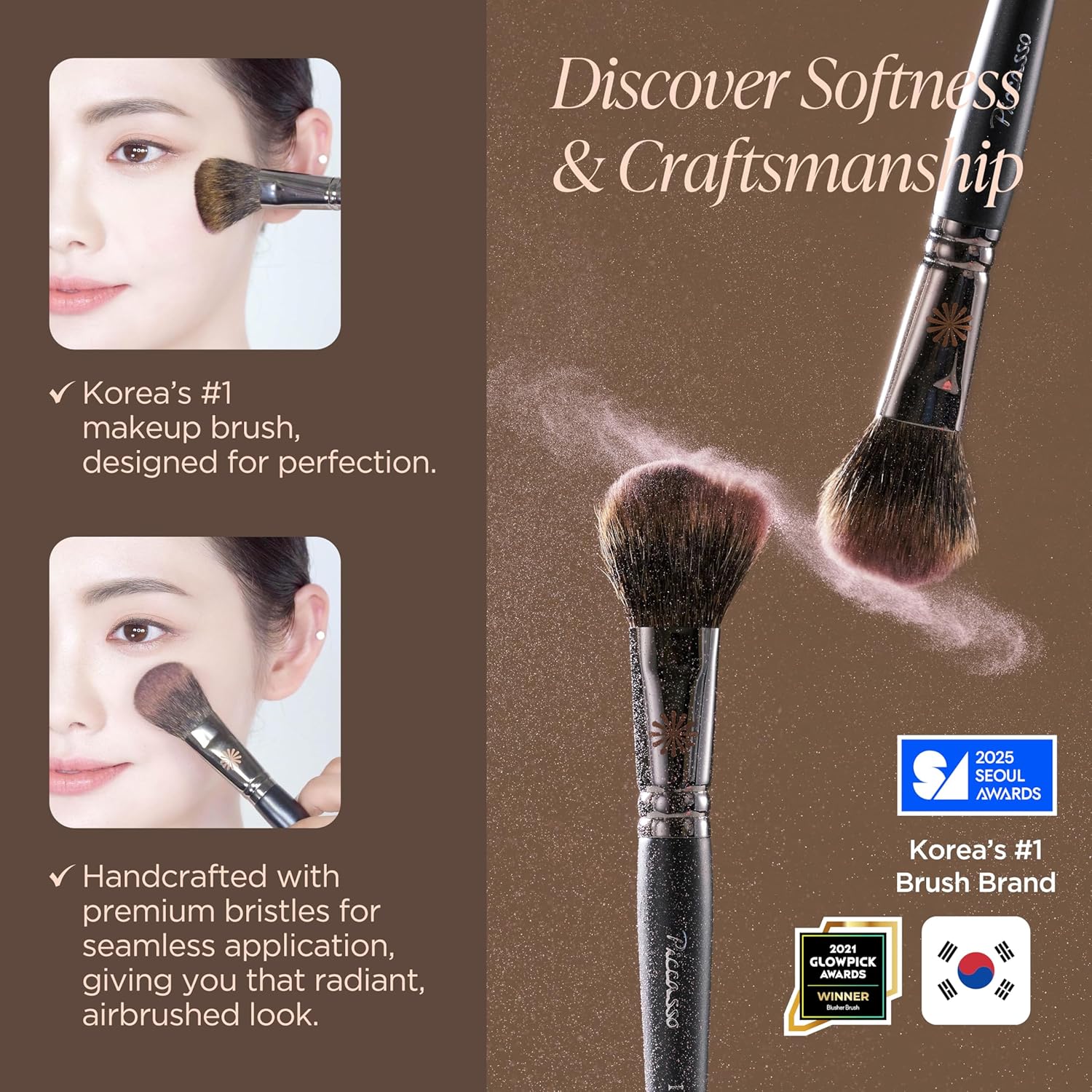 Piccasso 108 Blusher Brush – Soft Gray Squirrel Hair for Smooth and Natural Cheek Makeup, Fluffy Powder Applicator with Excellent Color Payoff, Small Face Brush for Daily Use, Professional Beauty-Velvo Beauty