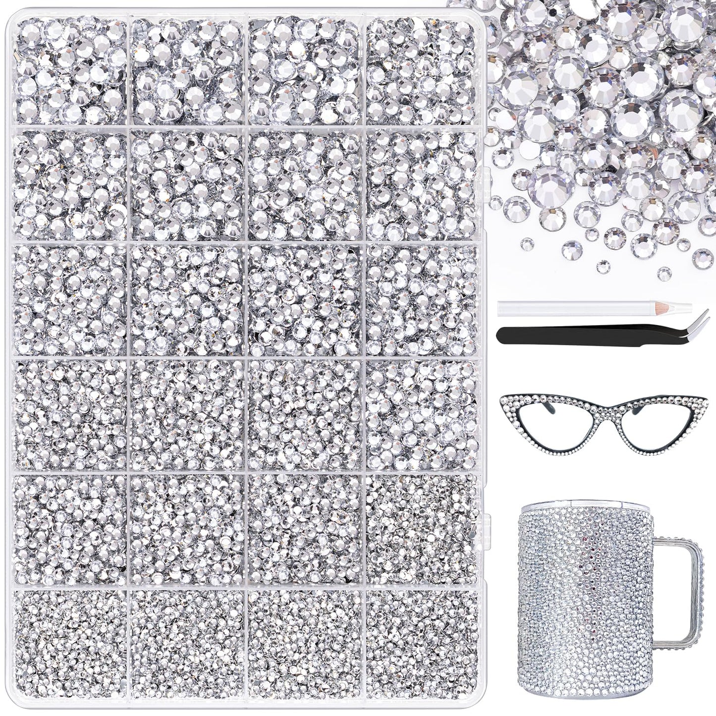 25000Pcs Resin Jelly Rhinestones with Tweezers for Crafting, 2-6mm Mixed Sizes (Clear) Non Hotfix Flatback Gems, Bedazzling Crystal for DIY Crafts Clothing Tumblers Mugs Shoes Decor Nail Art-Velvo Beauty