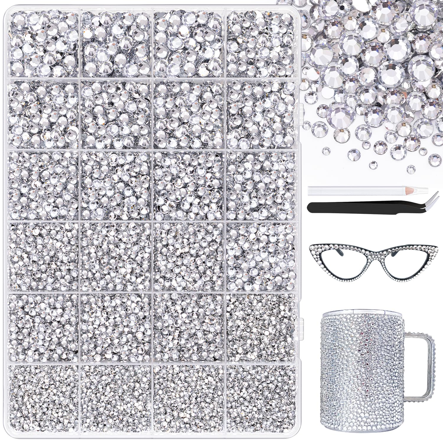 25000Pcs Resin Jelly Rhinestones with Tweezers for Crafting, 2-6mm Mixed Sizes (Clear) Non Hotfix Flatback Gems, Bedazzling Crystal for DIY Crafts Clothing Tumblers Mugs Shoes Decor Nail Art-Velvo Beauty