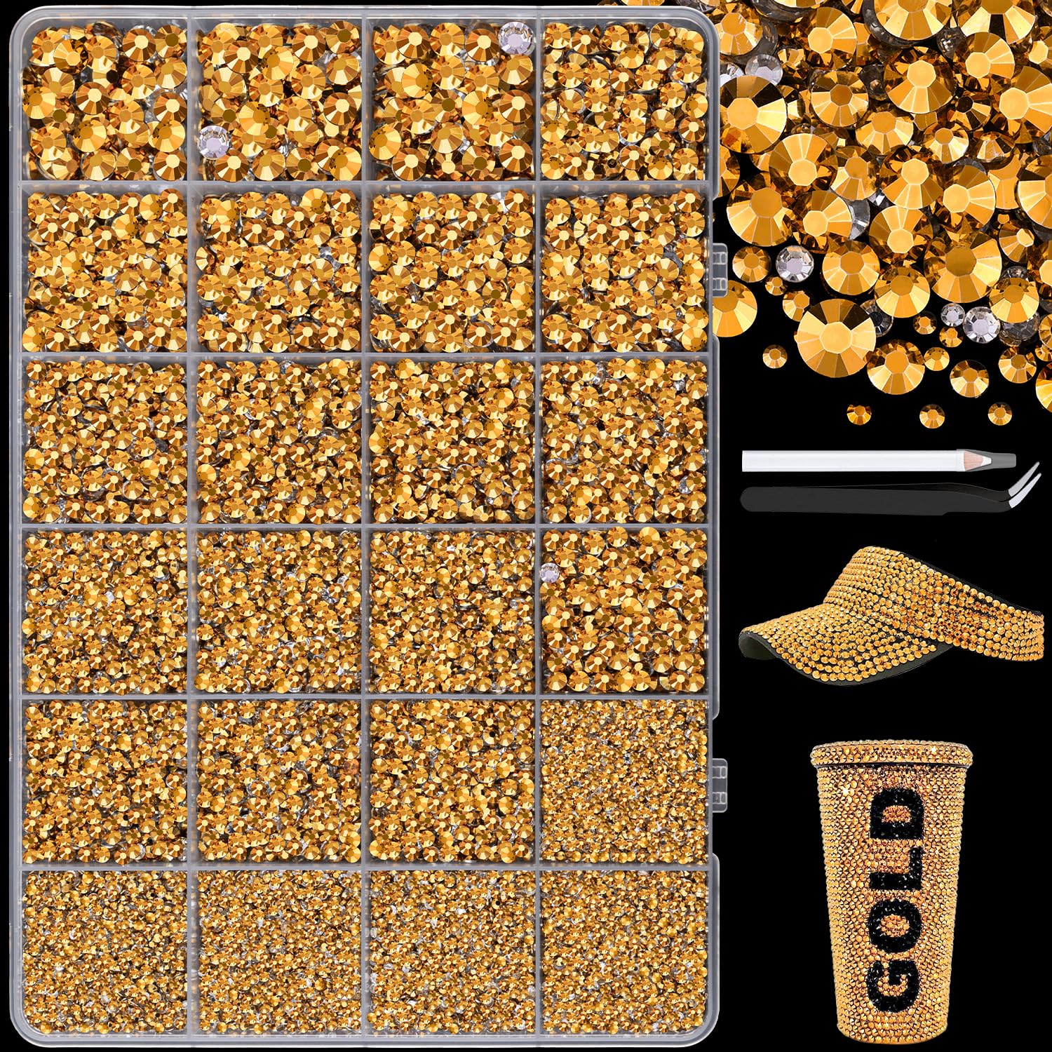 25000Pcs Resin Jelly Rhinestones with Tweezers for Crafting, 2-6mm Mixed Sizes (Copper Gold) Non Hotfix Flatback Gems, Bedazzling Crystal for DIY Crafts Clothing Tumblers Mugs Shoes Nail Art-Velvo Beauty