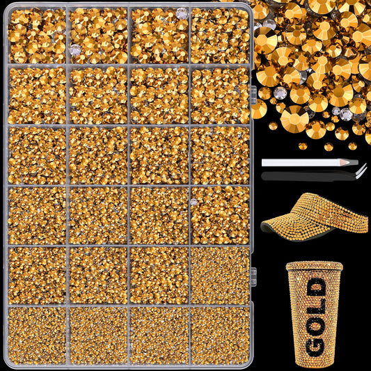 25000Pcs Resin Jelly Rhinestones with Tweezers for Crafting, 2-6mm Mixed Sizes (Copper Gold) Non Hotfix Flatback Gems, Bedazzling Crystal for DIY Crafts Clothing Tumblers Mugs Shoes Nail Art-Velvo Beauty