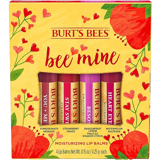 Burt's Bees Bee Mine Lip Balm Gift Set, Strawberry, Dragonfruit Lemon, Pomegranate and Watermelon, 4 Personalized Lip Balms, Pack May Vary-Velvo Beauty