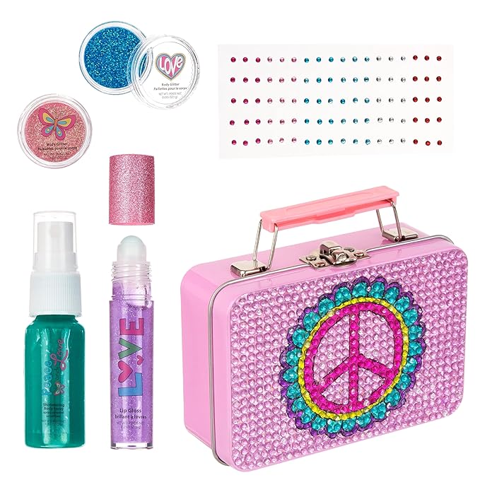 Expressions 6pc Peace & Rhinestones Beauty Set w/Tin Box Storage Case - Body Spray, Body Glitter, Mini Body Gems, and Lip Gloss Set,Washable + Non Toxic-Velvo Beauty