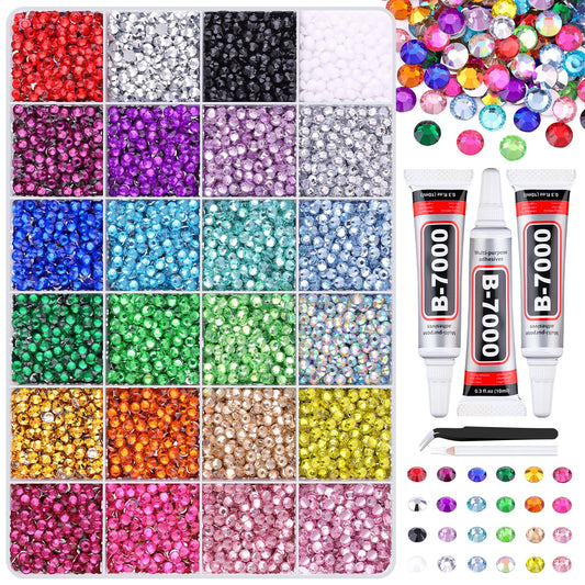 12600Pcs Resin Rhinestones for Crafting with Tweezers, Multicolor 4mm Bedazzling Crystal with 3Pcs 10ml B7000 Jewelry Glue for DIY Crafts Clothing Tumblers Shoes Fabric Nail Art-Velvo Beauty