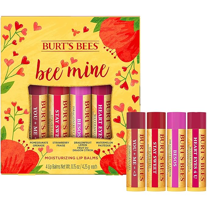 Burt's Bees Bee Mine Lip Balm Gift Set, Strawberry, Dragonfruit Lemon, Pomegranate and Watermelon, 4 Personalized Lip Balms, Pack May Vary-Velvo Beauty