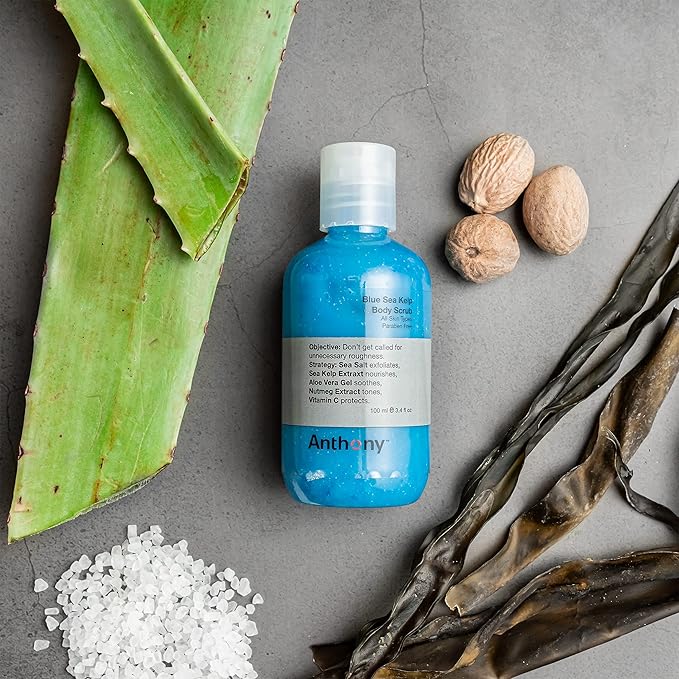 Anthony Exfoliating Body Scrub – Sea Salt, Vitamin C, And Aloe Vera Deep Cleans, Smooths Rough Patches & Soothes and Protects Skin – Blue Sea Kelp Body Wash 3.4 Fl Oz-Velvo Beauty