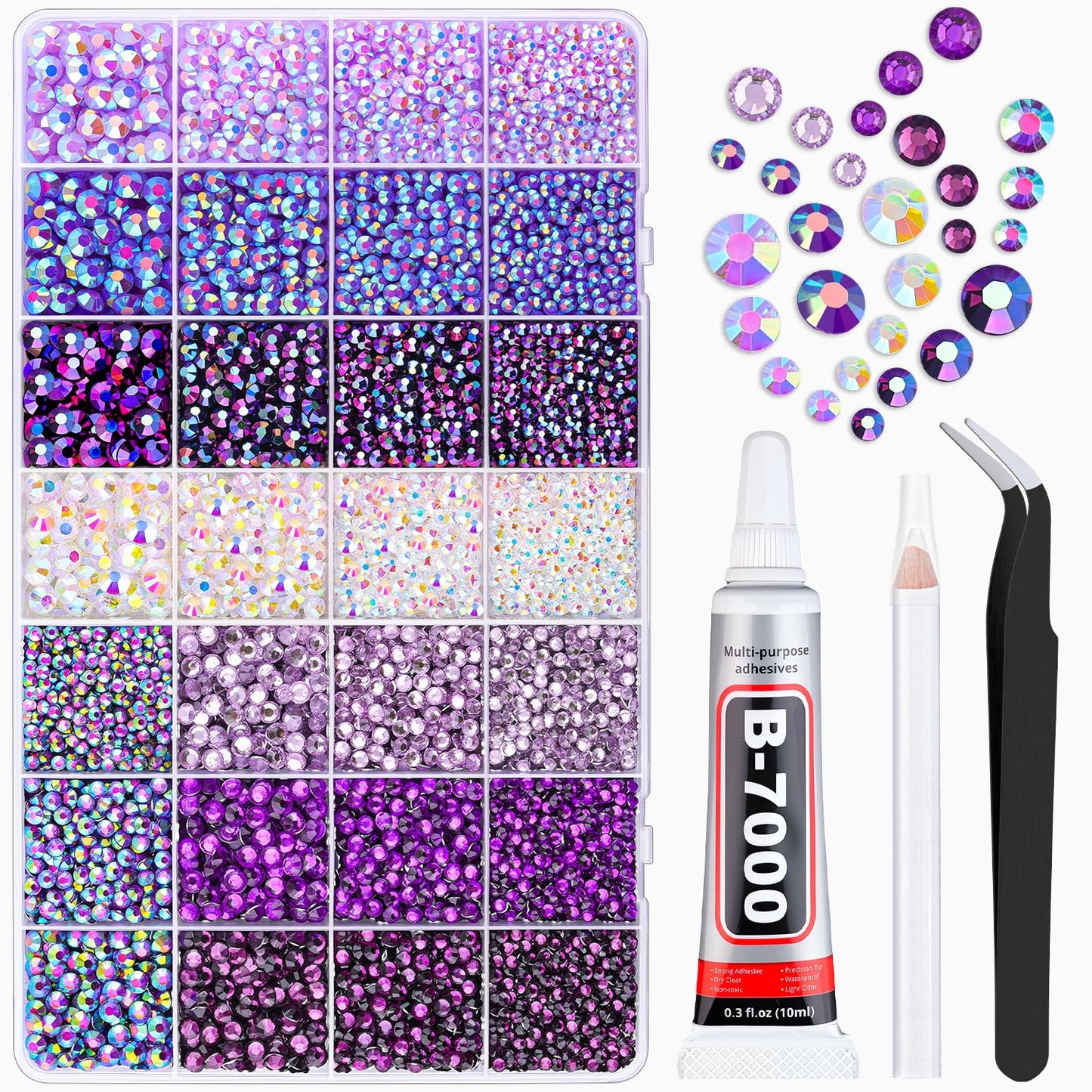 20000Pcs Purple Rhinestones for Bedazzling with 1Pcs B7000 Jewelry Glue, Resin Rhinestones for Crafting Crafts DIY, Bedazzler Kit Gems for Clothing Shoes Tumblers Nail Art Assorted Size 3/4/5/6mm-Velvo Beauty