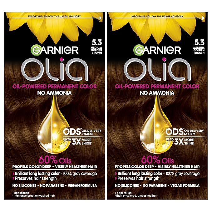 Garnier Hair Color Olia Ammonia-Free Brilliant Color Oil-Rich Permanent Hair Dye, 5.3 Medium Golden Brown, 2 Count (Packaging May Vary)-Velvo Beauty