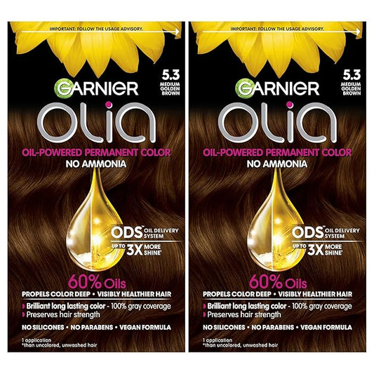 Garnier Hair Color Olia Ammonia-Free Brilliant Color Oil-Rich Permanent Hair Dye, 5.3 Medium Golden Brown, 2 Count (Packaging May Vary)-Velvo Beauty