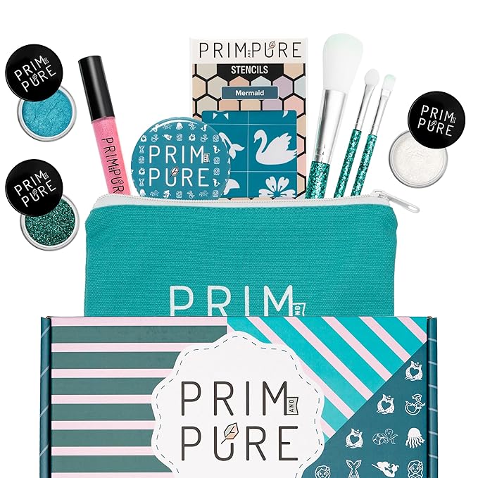 Prim and Pure Kids Makeup Gift Set - Stencil, Makeup Eyeshadow Bioglitter Lip Gloss and Cosmetic Bag Mirror Makeup Brush Accessories (Mermaid Blue)-Velvo Beauty