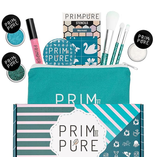 Prim and Pure Kids Makeup Gift Set - Stencil, Makeup Eyeshadow Bioglitter Lip Gloss and Cosmetic Bag Mirror Makeup Brush Accessories (Mermaid Blue)-Velvo Beauty
