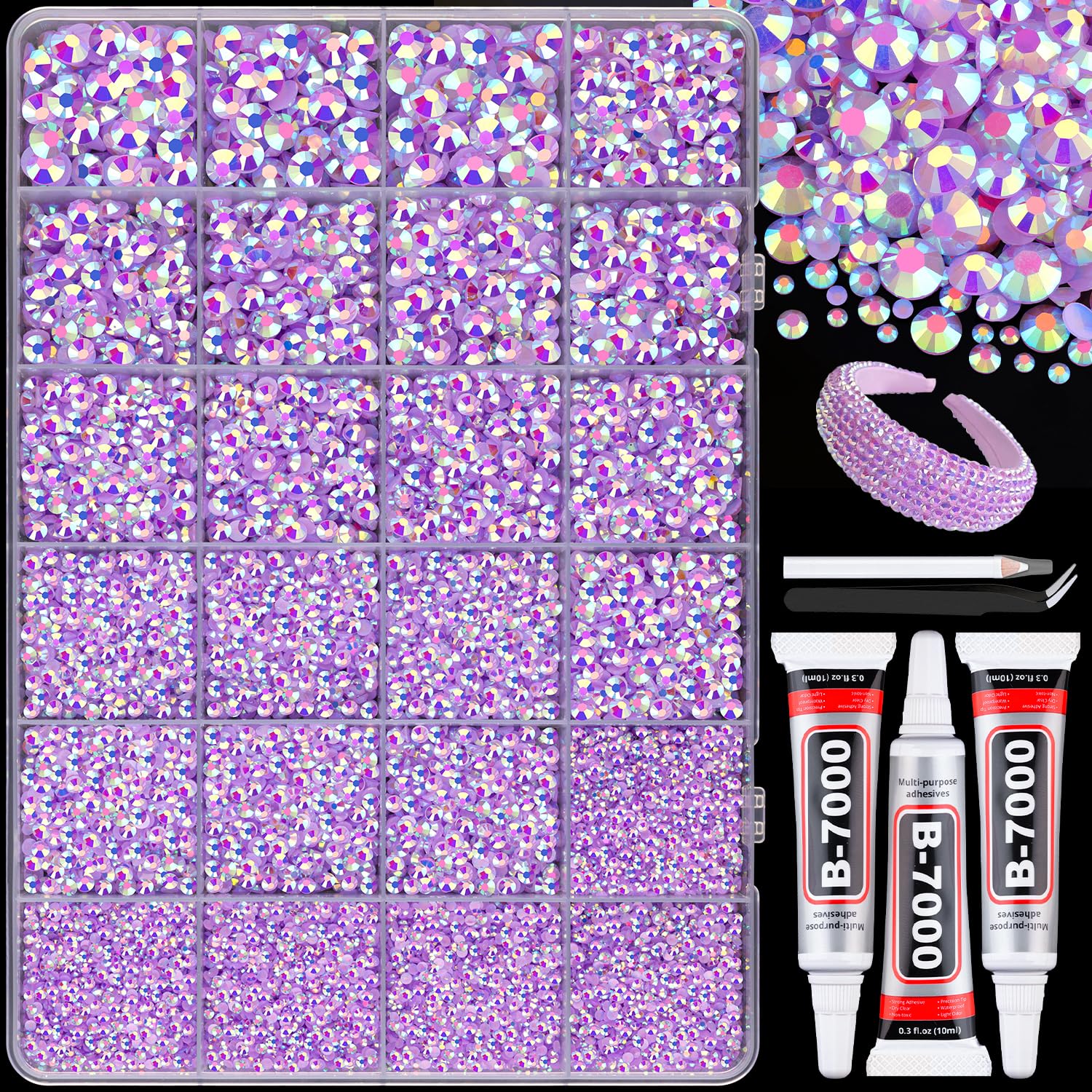 25000Pcs Resin Rhinestones with B7000 Jewelry Glue for Crafting, Lavender Purple AB 2-6mm Non Hotfix Flatback Gems, Bedazzling Crystal for DIY Crafts Clothing Tumblers Mugs Shoes Fabric Decor Nail Art-Velvo Beauty