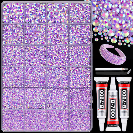 25000Pcs Resin Rhinestones with B7000 Jewelry Glue for Crafting, Lavender Purple AB 2-6mm Non Hotfix Flatback Gems, Bedazzling Crystal for DIY Crafts Clothing Tumblers Mugs Shoes Fabric Decor Nail Art-Velvo Beauty