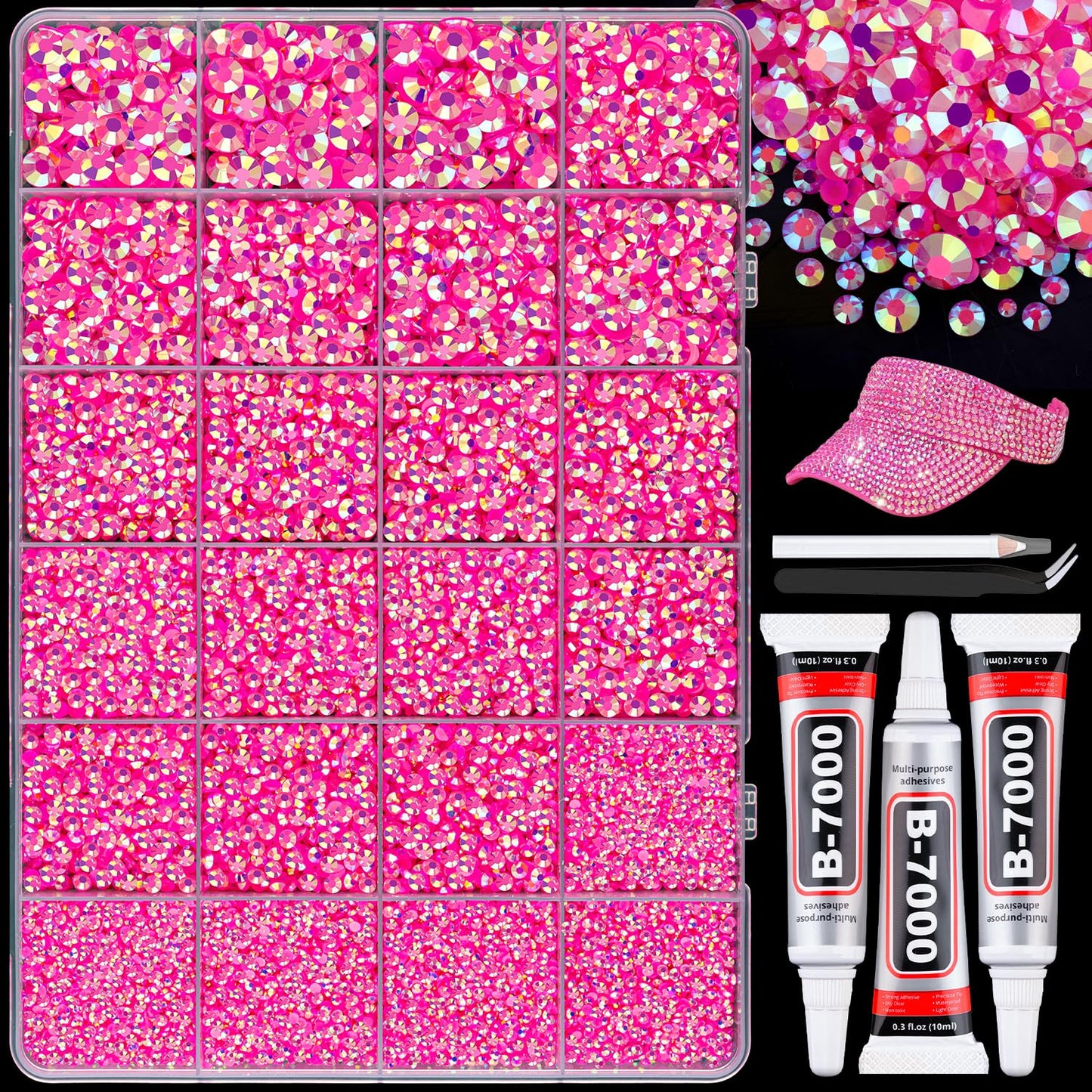 25000Pcs Resin Rhinestones with B7000 Jewelry Glue for Crafting, Hot Pink AB 2-6mm Non Hotfix Flatback Gems, Bedazzling Crystal for DIY Crafts Clothing Tumblers Mugs Shoes Fabric Decor Nail Art-Velvo Beauty