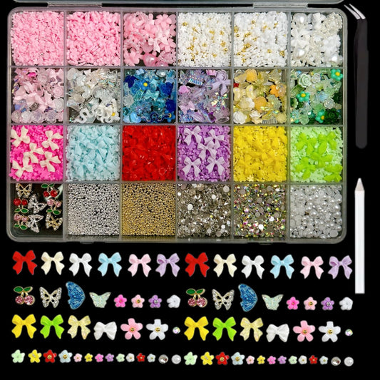 3D Colorful Flower Nail Charms, Flatback Pearl Bow Nail Charms and Gems, Alloy Cherry Butterfly Charms for Nails Design, Gold Caviar Beads Nail Rhinestones Manicure Charms for Practical DIY Tools-Velvo Beauty