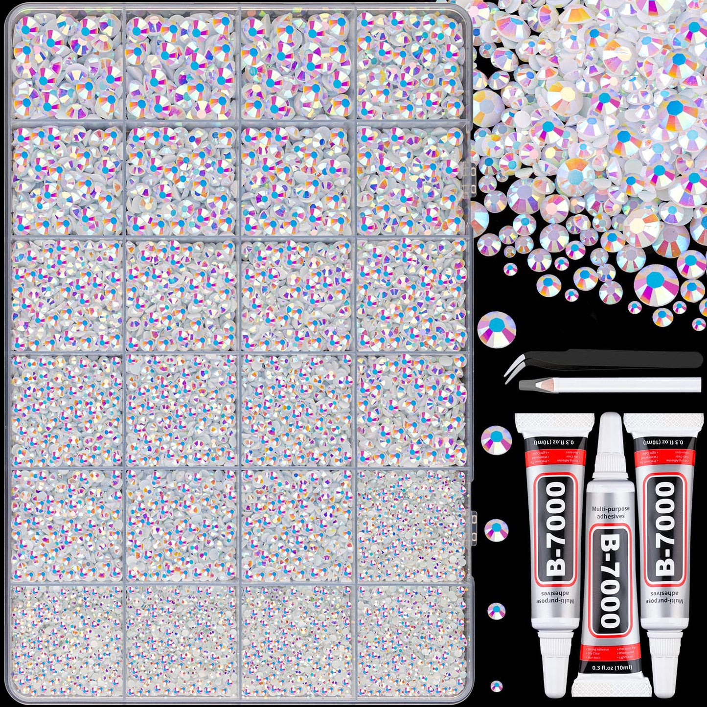 25000Pcs Resin Jelly Rhinestones with Tweezers for Crafting, White AB Flatback Gems, Bedazzling Crystal with 3Pcs 10ml B7000 Jewelry Glue for DIY Crafts Clothing Tumblers Shoes Fabric Nail Art-Velvo Beauty