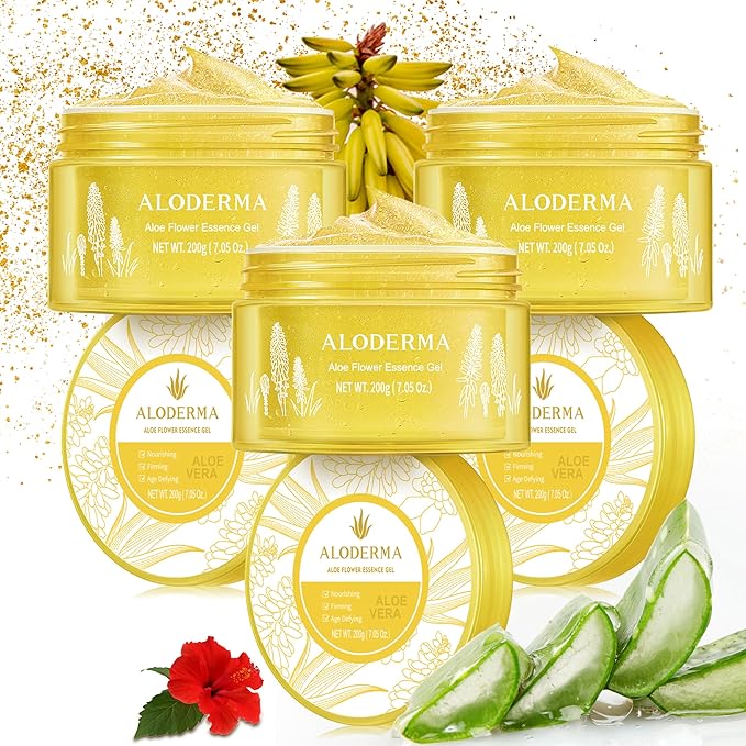 Aloderma Age-Defying Aloe Flower Essence Gel with 24K Gold Leaf, Made within 12 Hours of Harvest - Luxurious Aloe Gel with Allantoin & Hyaluronic Acid for a Shimmering, Youthful Complexion, 7oz 3-Pack-Velvo Beauty
