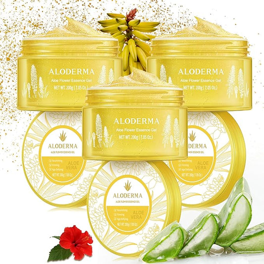 Aloderma Age-Defying Aloe Flower Essence Gel with 24K Gold Leaf, Made within 12 Hours of Harvest - Luxurious Aloe Gel with Allantoin & Hyaluronic Acid for a Shimmering, Youthful Complexion, 7oz 3-Pack-Velvo Beauty