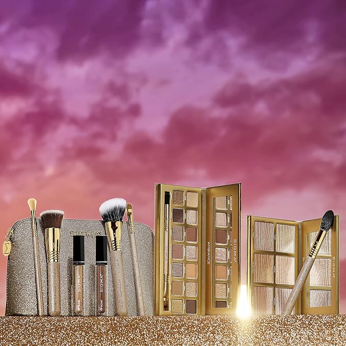 Sigma Beauty Ambiance Complete Collection - 14 Buttery Eyeshadow Powders, Highlighter Palette with 6 Metallic Highlighters, 2 Hydrating Lip Gloss, & 5 Makeup Brushes - Full Makeup Set-Velvo Beauty