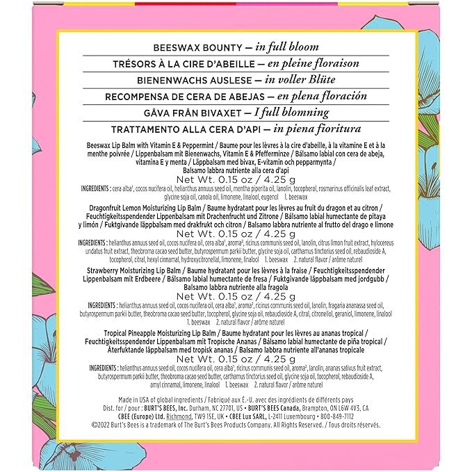 Burt's Bees Gifts Ideas - In Full Bloom Lip Balm Set, Original Beeswax, Dragonfruit Lemon, Tropical Pineapple & Strawberry, Natural Origin Lip Treatment, 4 Tubes, 0.15 oz.-Velvo Beauty