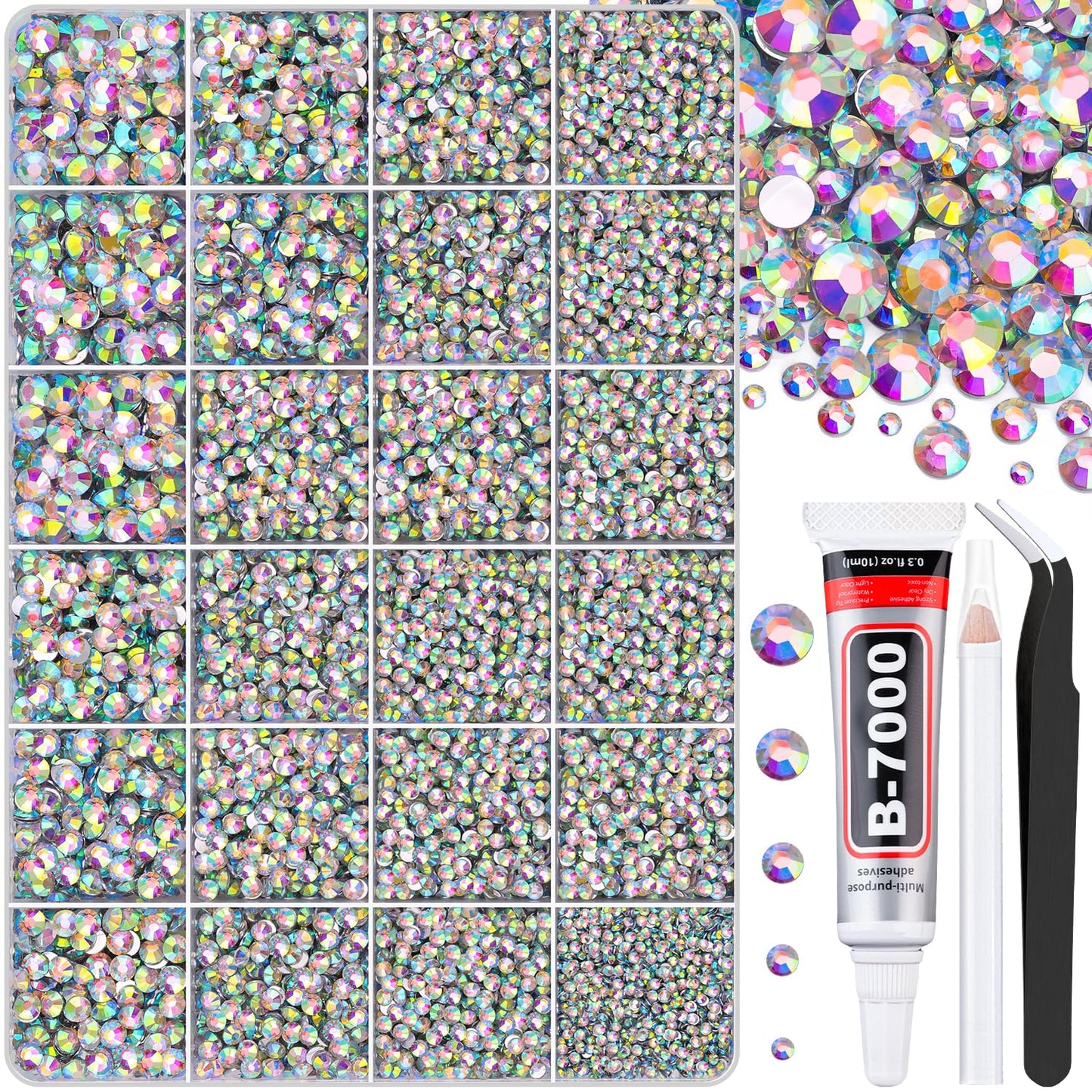 30000Pcs AB Rhinestones for Bedazzling with B7000 Jewelry Glue, Bedazzler Kit Flatback Gems, Resin Rhinestones for Crafting Crafts Clothing Shoes Fabric Nail Art Assorted Size 2/3/4/5/6mm-Velvo Beauty