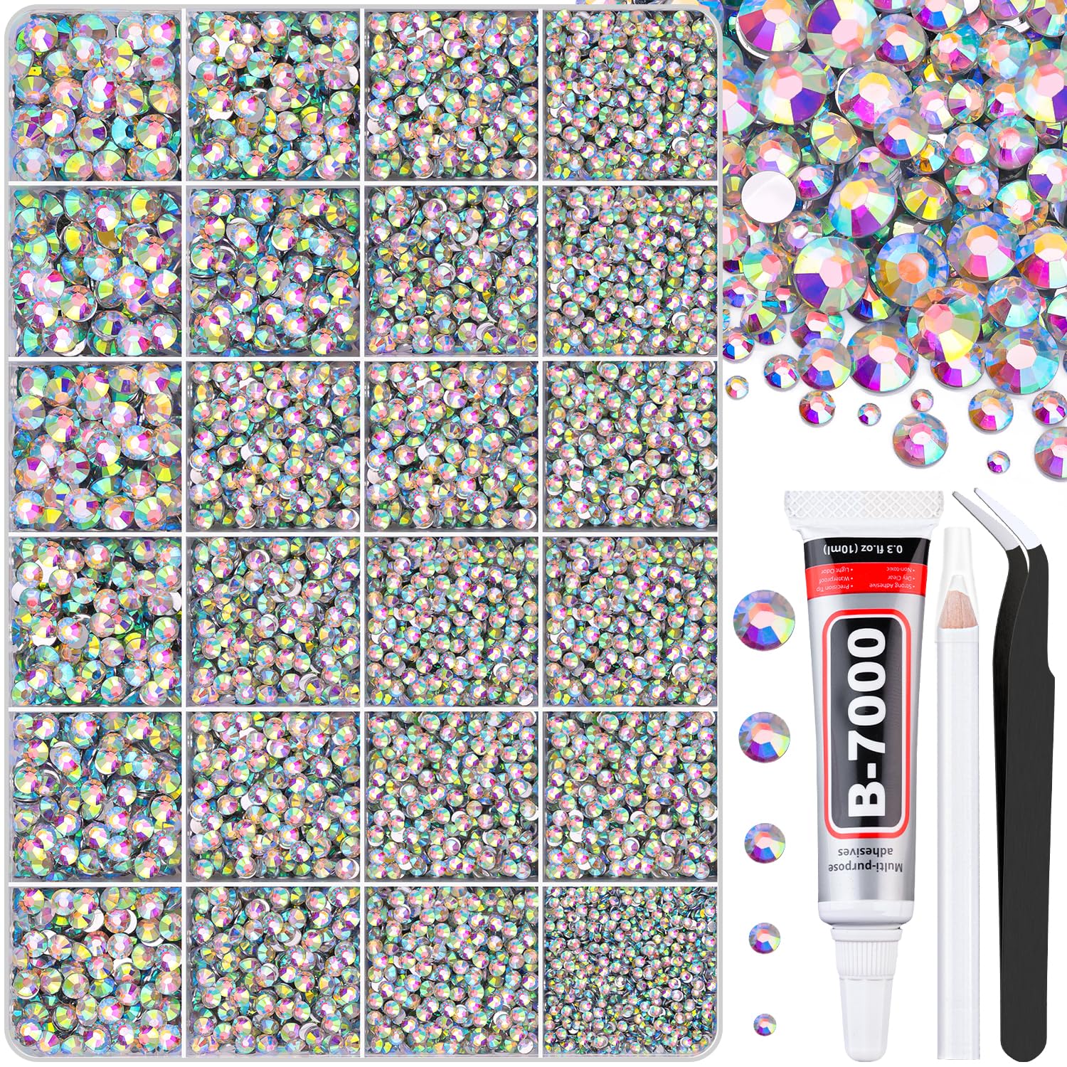 30000Pcs AB Rhinestones for Bedazzling with B7000 Jewelry Glue, Bedazzler Kit Flatback Gems, Resin Rhinestones for Crafting Crafts Clothing Shoes Fabric Nail Art Assorted Size 2/3/4/5/6mm-Velvo Beauty