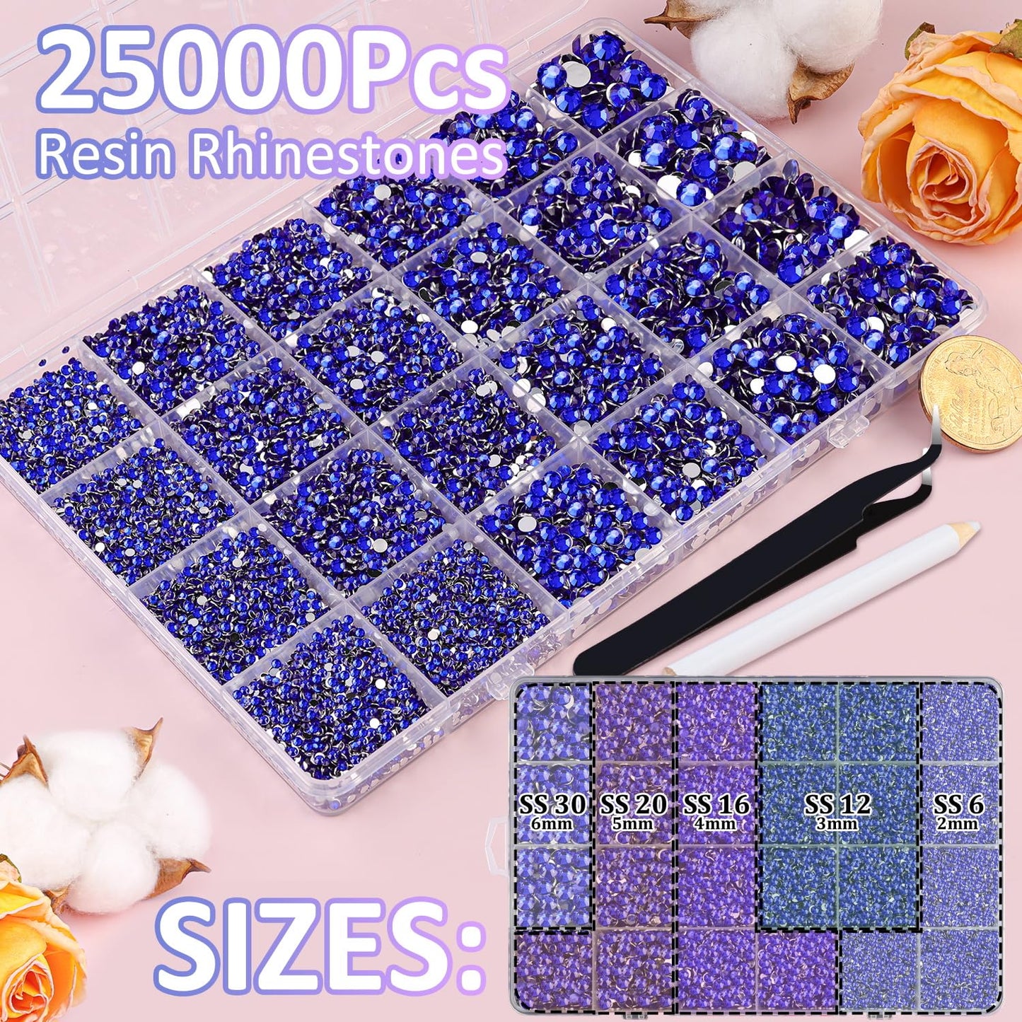 25000Pcs Resin Rhinestones for Crafting, Royal Blue 2-6mm Mixed Sizes Non Hotfix Flatback Gems, Bedazzling Crystal for DIY Crafts Clothing Tumblers Mugs Shoes Fabric Nail Art-Velvo Beauty