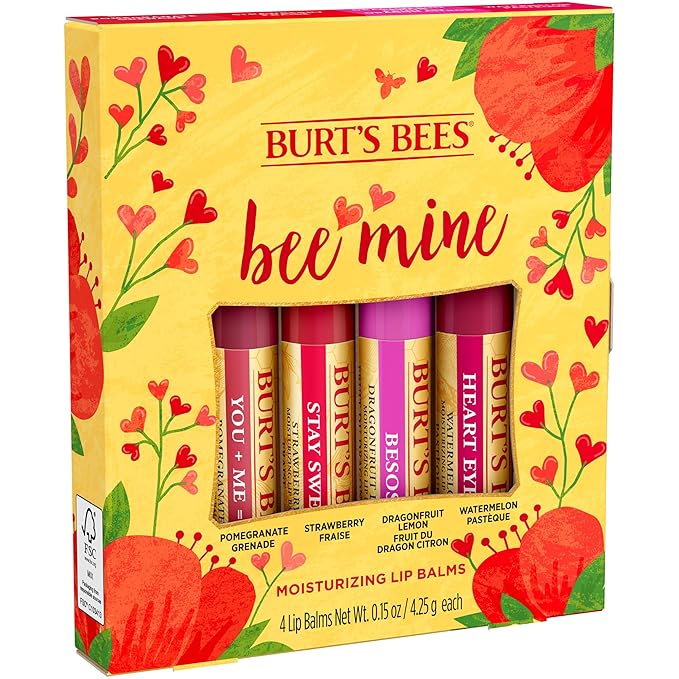 Burt's Bees Bee Mine Lip Balm Gift Set, Strawberry, Dragonfruit Lemon, Pomegranate and Watermelon, 4 Personalized Lip Balms, Pack May Vary-Velvo Beauty