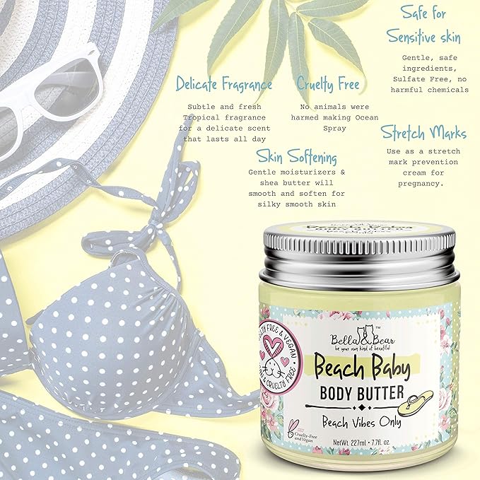 Bella and Bear Beach Baby Body Butter - Moisturizing Shea Cream for Women - Vegan, Cruelty& Oil-Free - Helps Prevents Pregnancy Stretch Marks 6.76-oz-Velvo Beauty